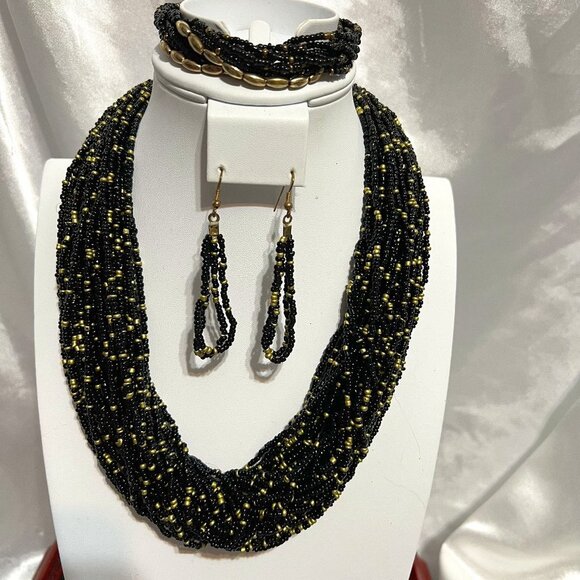 Nena & Co. Jewelry - Vintage NENA Multi-strand Black & Gold Seed Bead Necklace, Bracelet & Earrings